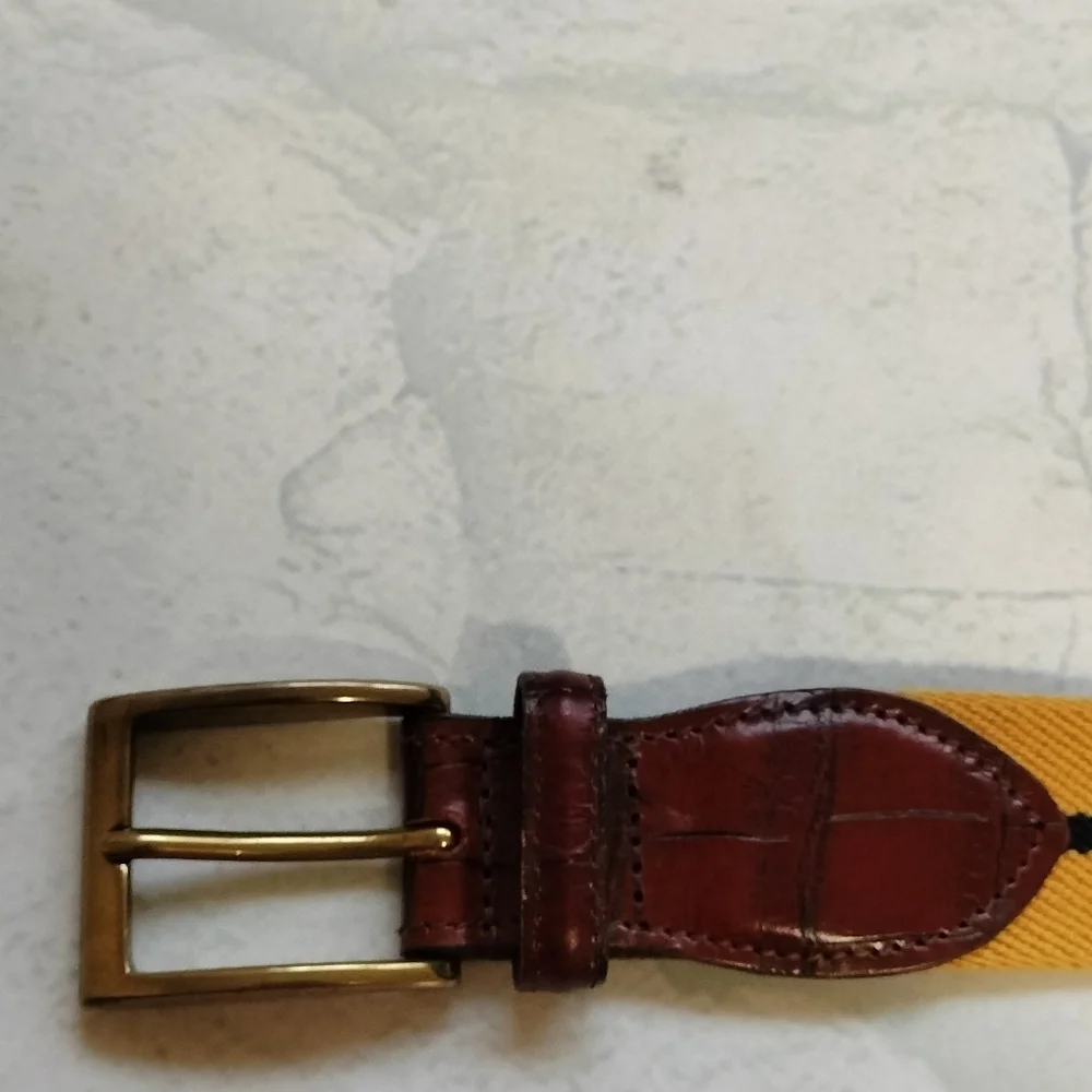 Jos. A. Bank Men's Belt Sz 36 Golden Yellow Blue Striped Classic Woven Golf